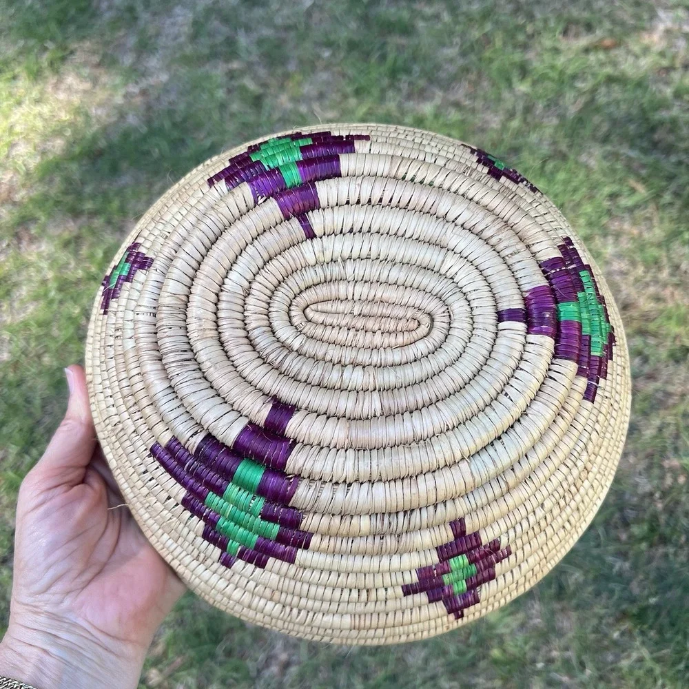 Vintage Handwoven Coil Basket Bowl Natural Fiber Purple Green Tribal Woven Decor